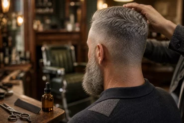 Kurzer Fade kombiniert mit vollem, gepflegtem Bart im Profil