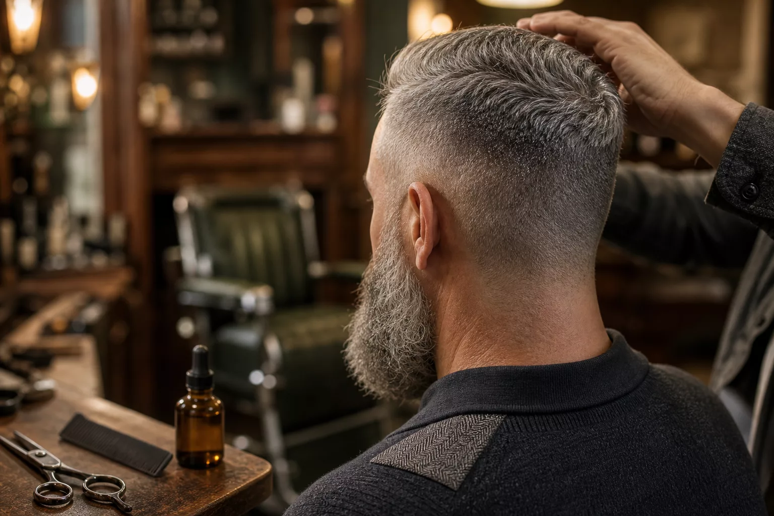 Kurzer Fade kombiniert mit vollem, gepflegtem Bart im Profil