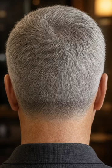 Kurzer, definierter Schnitt betont graue Haare am Hinterkopf