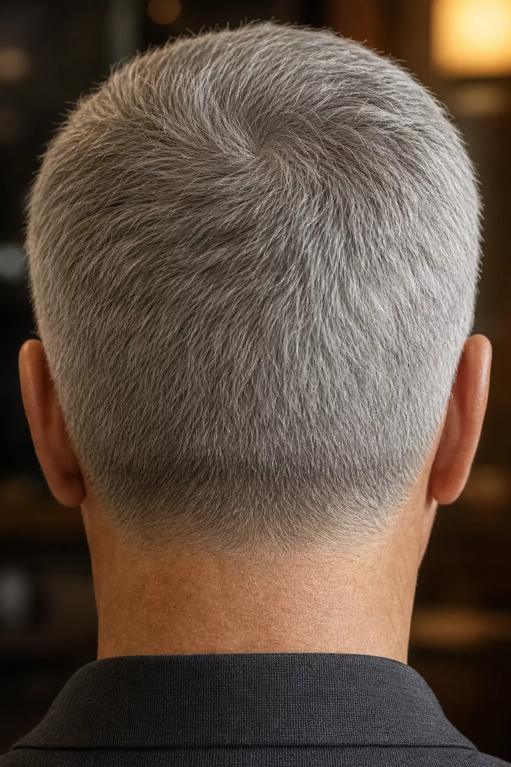 Kurzer, definierter Schnitt betont graue Haare am Hinterkopf