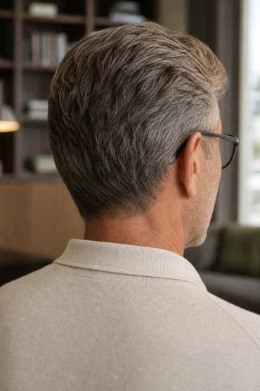 Frisuren ab 50 mit Brille: Seitenpony im Profil von hinten