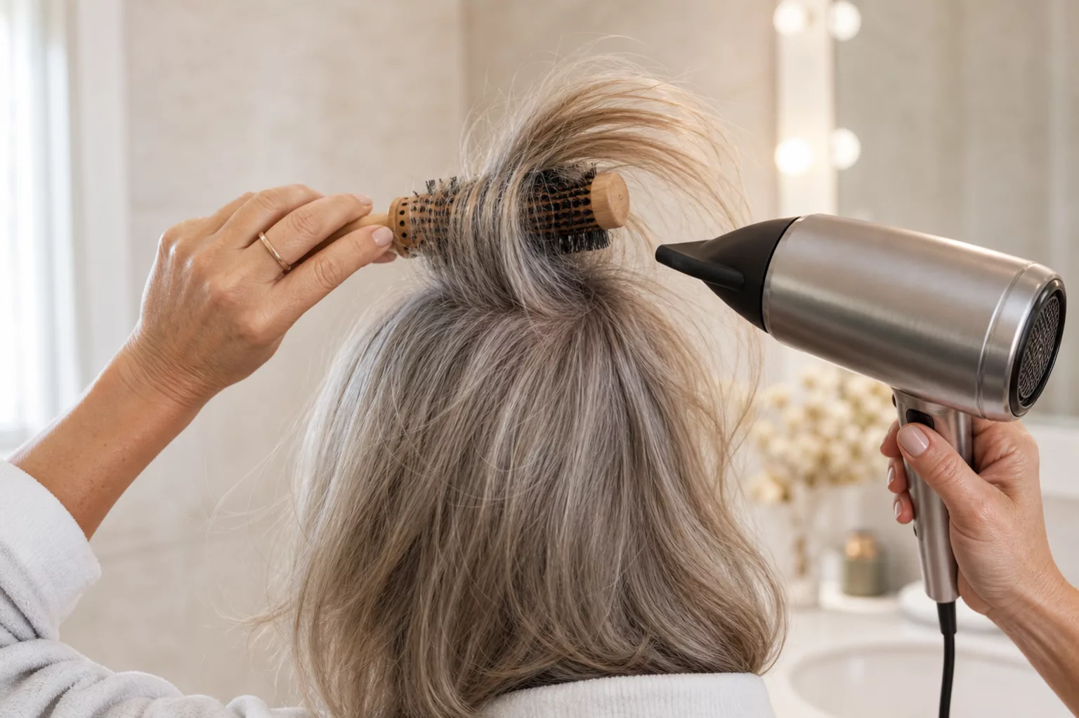 Peppige Frisuren für Frauen ab 60 – Volumen am Oberkopf föhnen