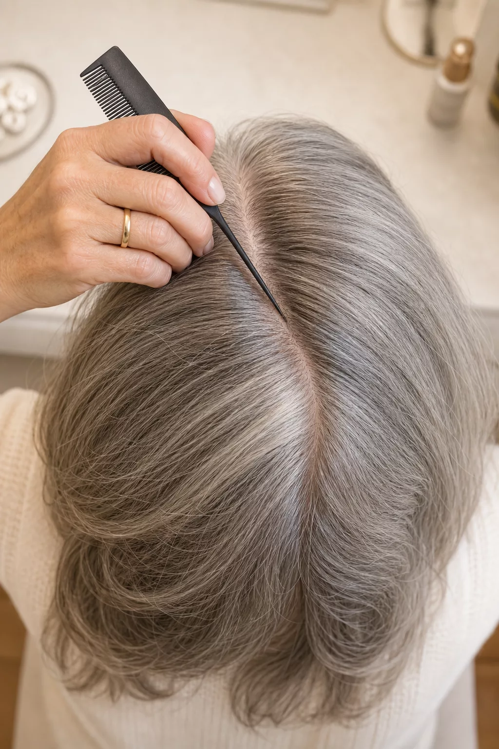 Scheitel wird für einen asymmetrischen Look neu gezogen