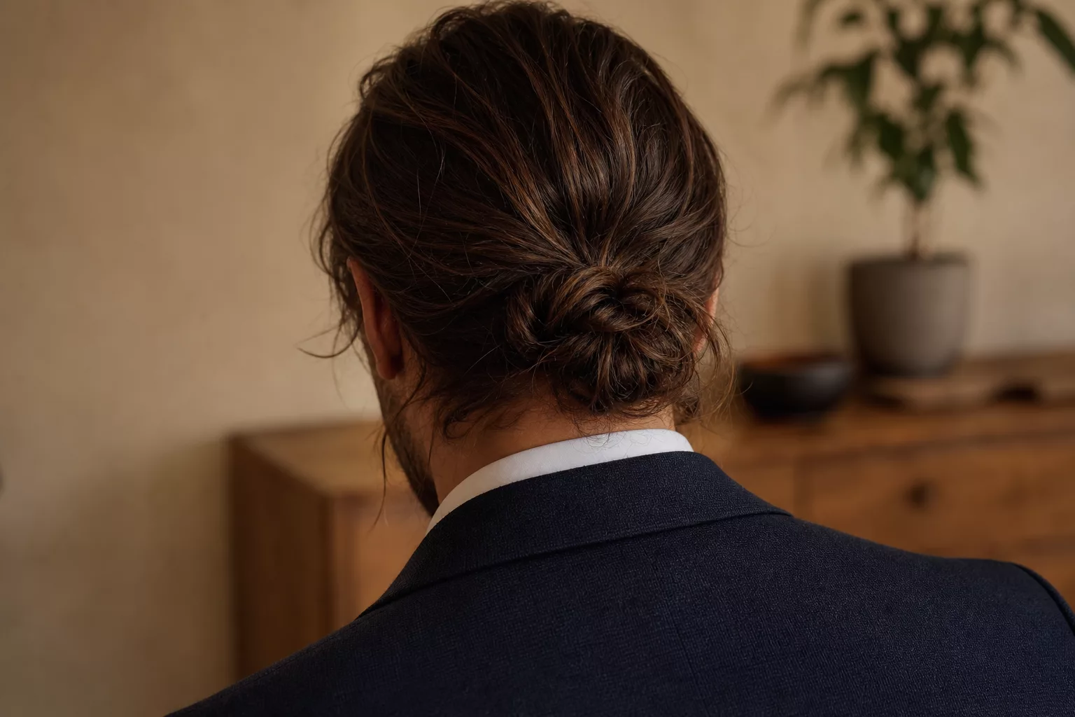 Mittellanges Haar zum kleinen Man Bun im Nacken gebunden