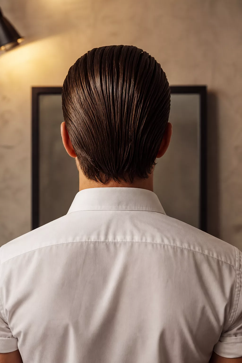 Mittellange Frisur im Sleek-Back-Look: glatt und glänzend nach hinten gestylt