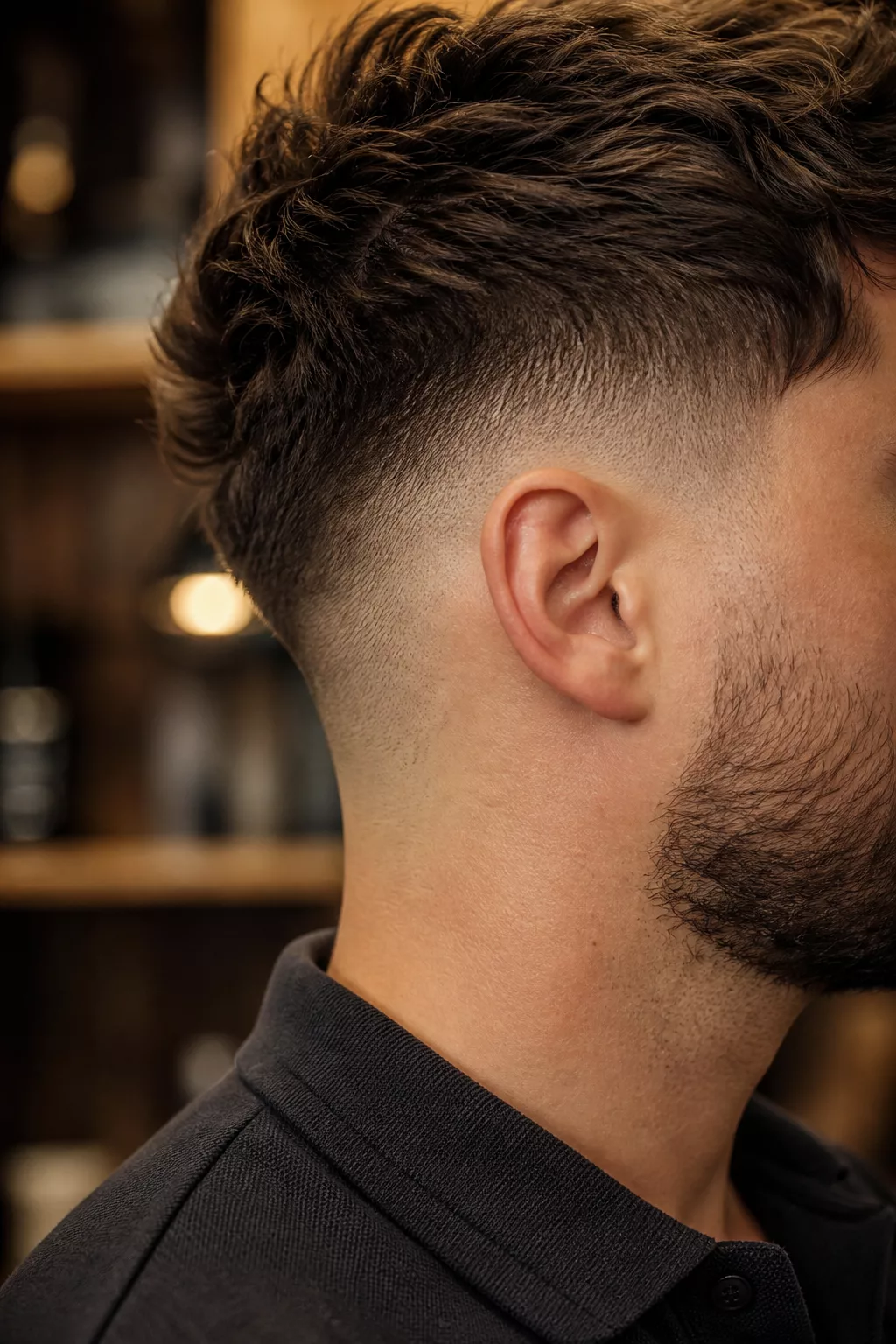 Textured Fade mit kurzen Seiten und gepflegtem Bart bei mittellangem Deckhaar