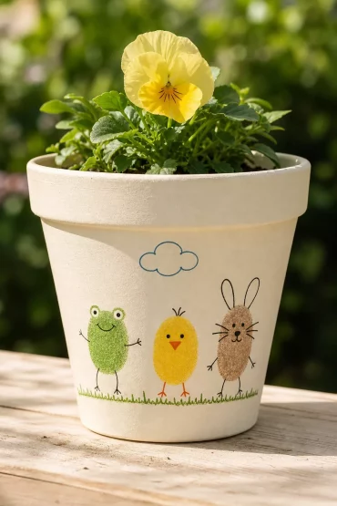 Bunt bemalter Tontopf mit Fingerabdruck-Frosch, Küken und Hase