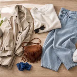 Frühlingsoutfits für Damen 2026 als Flatlay mit Trenchcoat und Accessoires