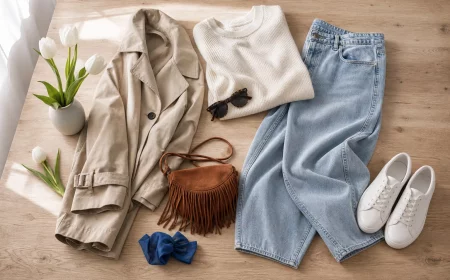Frühlingsoutfits für Damen 2026 als Flatlay mit Trenchcoat und Accessoires