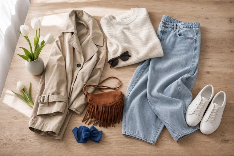 Frühlingsoutfits für Damen 2026 als Flatlay mit Trenchcoat und Accessoires