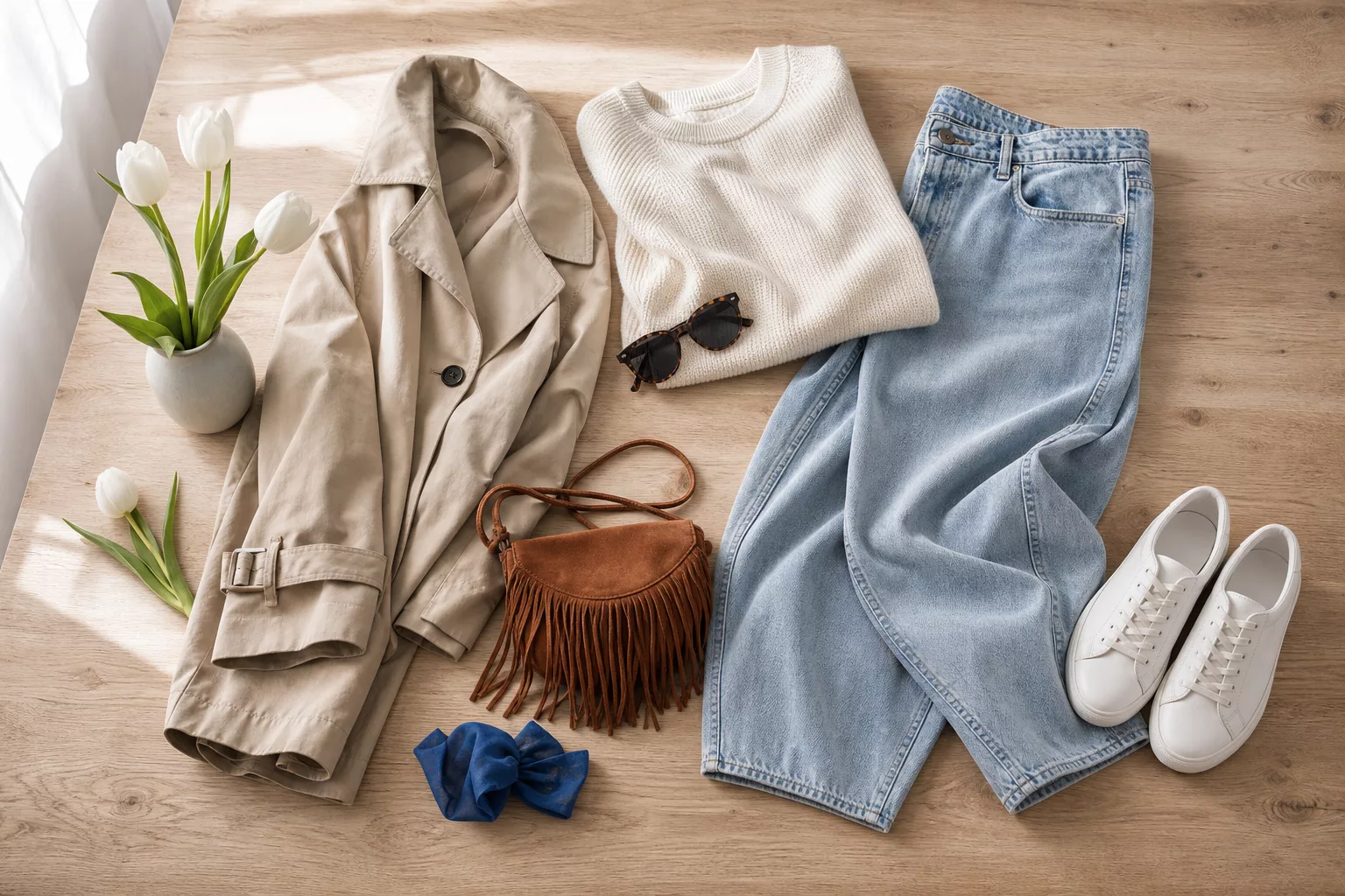 Frühlingsoutfits für Damen 2026 als Flatlay mit Trenchcoat und Accessoires