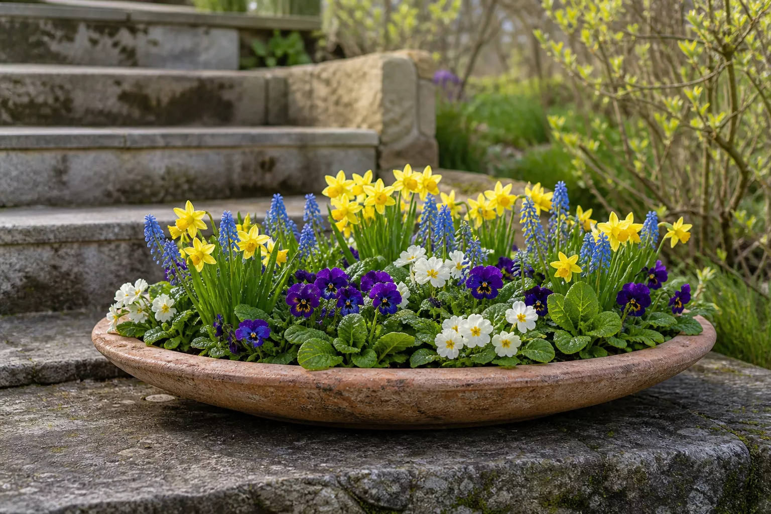 Flache Schale mit Narzissen, Traubenhyazinthen und Hornveilchen im Frühling