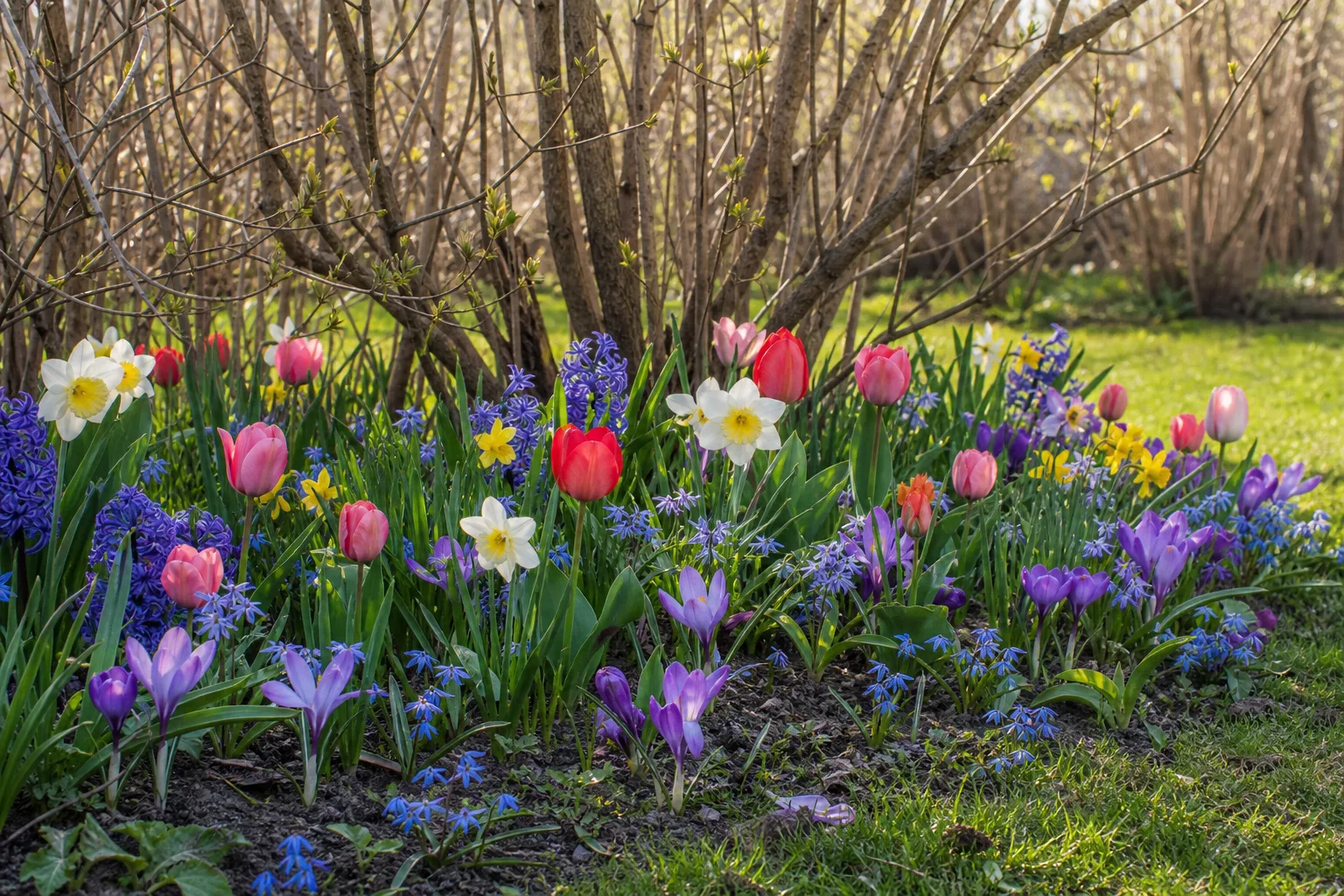 Krokusse, Narzissen und Tulpen blühen im Frühling unter dem Flieder