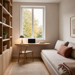 Gäste-Arbeitszimmer mit Schlafsofa und Schreibtisch am Fenster