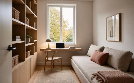 Gäste-Arbeitszimmer mit Schlafsofa und Schreibtisch am Fenster