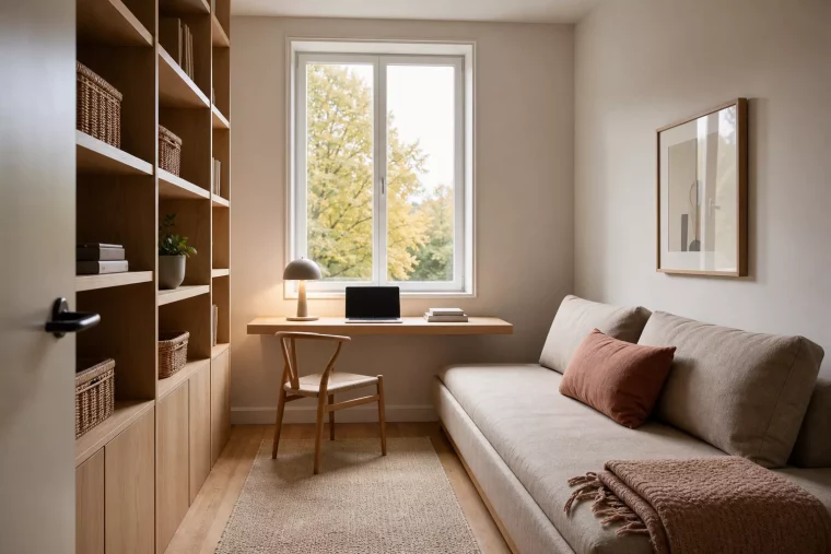 Gäste-Arbeitszimmer mit Schlafsofa und Schreibtisch am Fenster