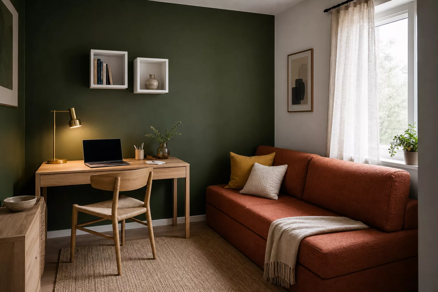 Gästezimmer-Büro-Kombination mit Akzentwand in Tannengrün