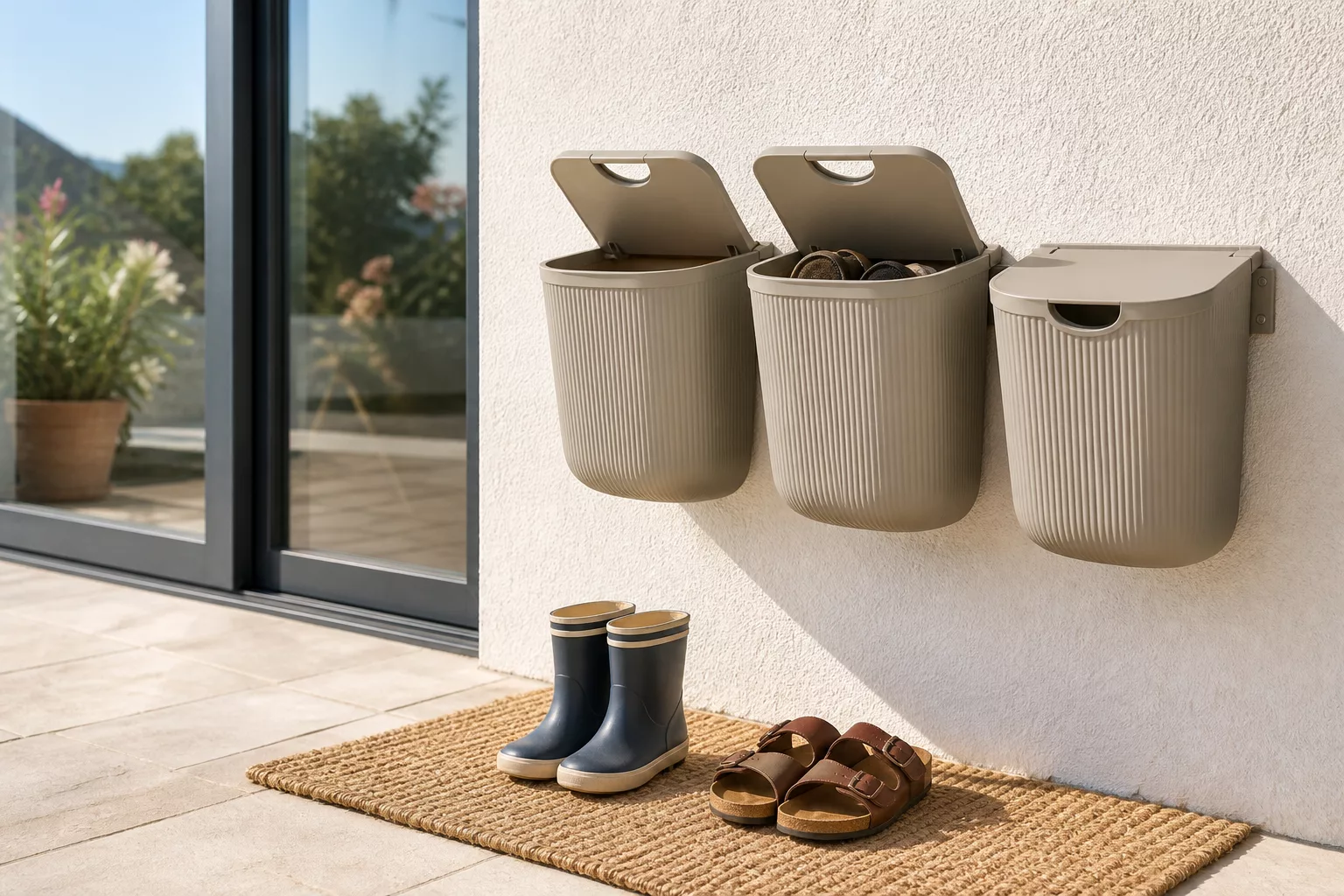 Mehrere Eimer als Schuhschrank an der Terrassentür montiert