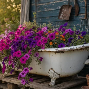 Alte Badewanne als Gartendeko aus alten Sachen mit Petunien bepflanzt