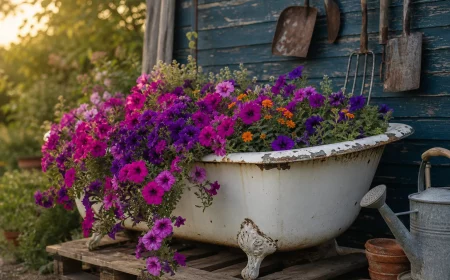 Alte Badewanne als Gartendeko aus alten Sachen mit Petunien bepflanzt