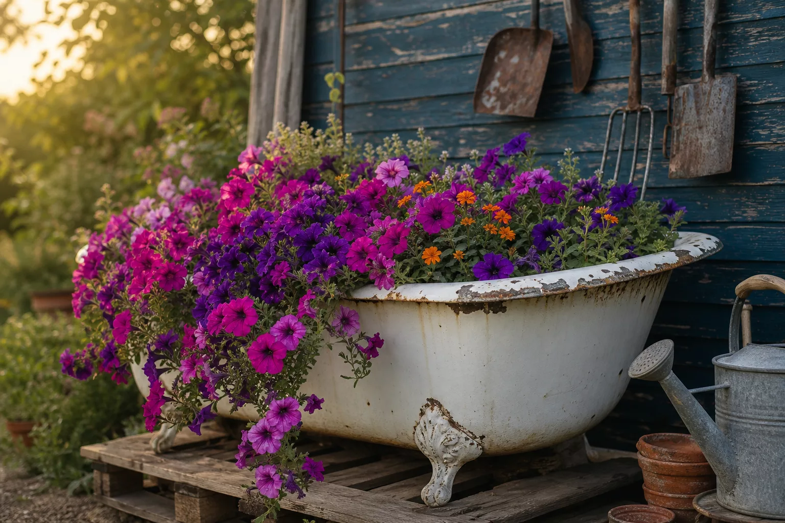 Alte Badewanne als Gartendeko aus alten Sachen mit Petunien bepflanzt