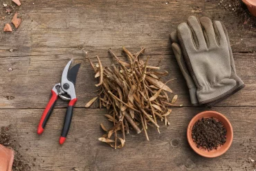 Gartenschere und Handschuhe bereit zum Rückschnitt des Oleanders
