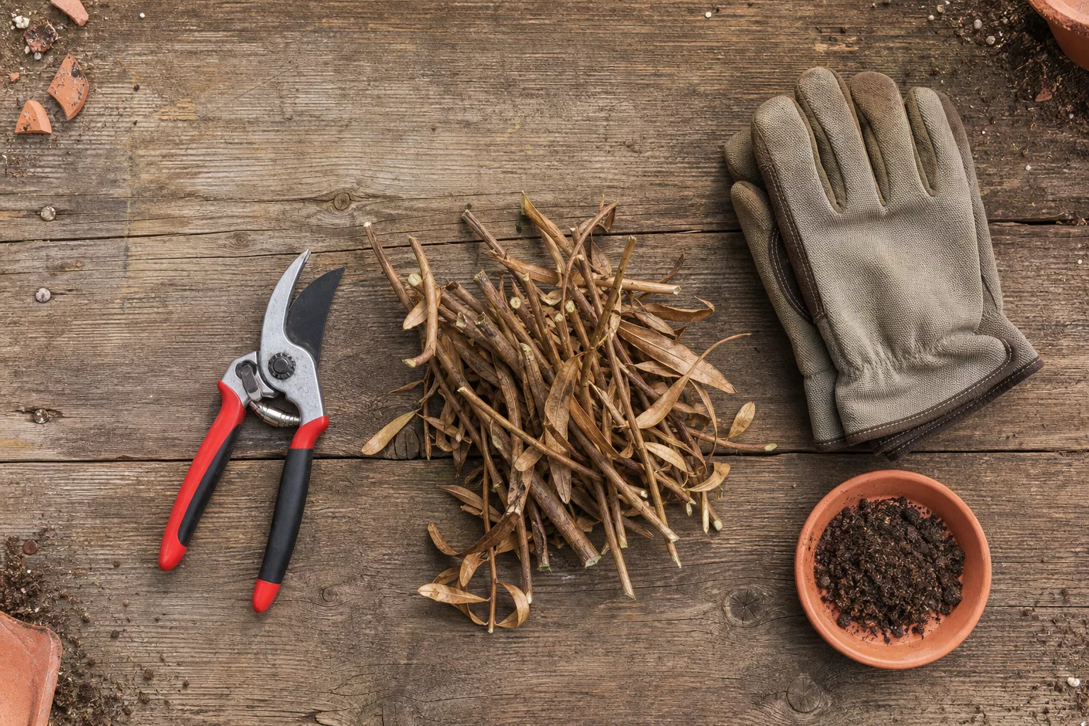 Gartenschere und Handschuhe bereit zum Rückschnitt des Oleanders