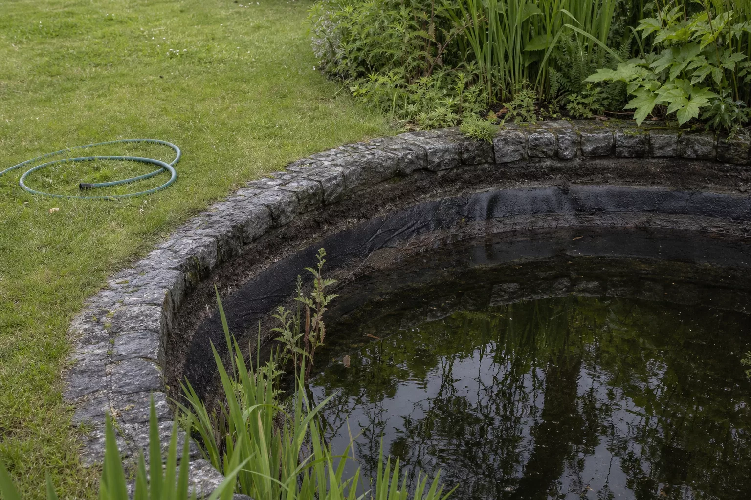Gartenteich mit abgesenktem Wasserstand im Frühsommer