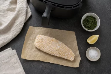 Zutaten und Airfryer für gefrorenes Schlemmerfilet bereitgestellt