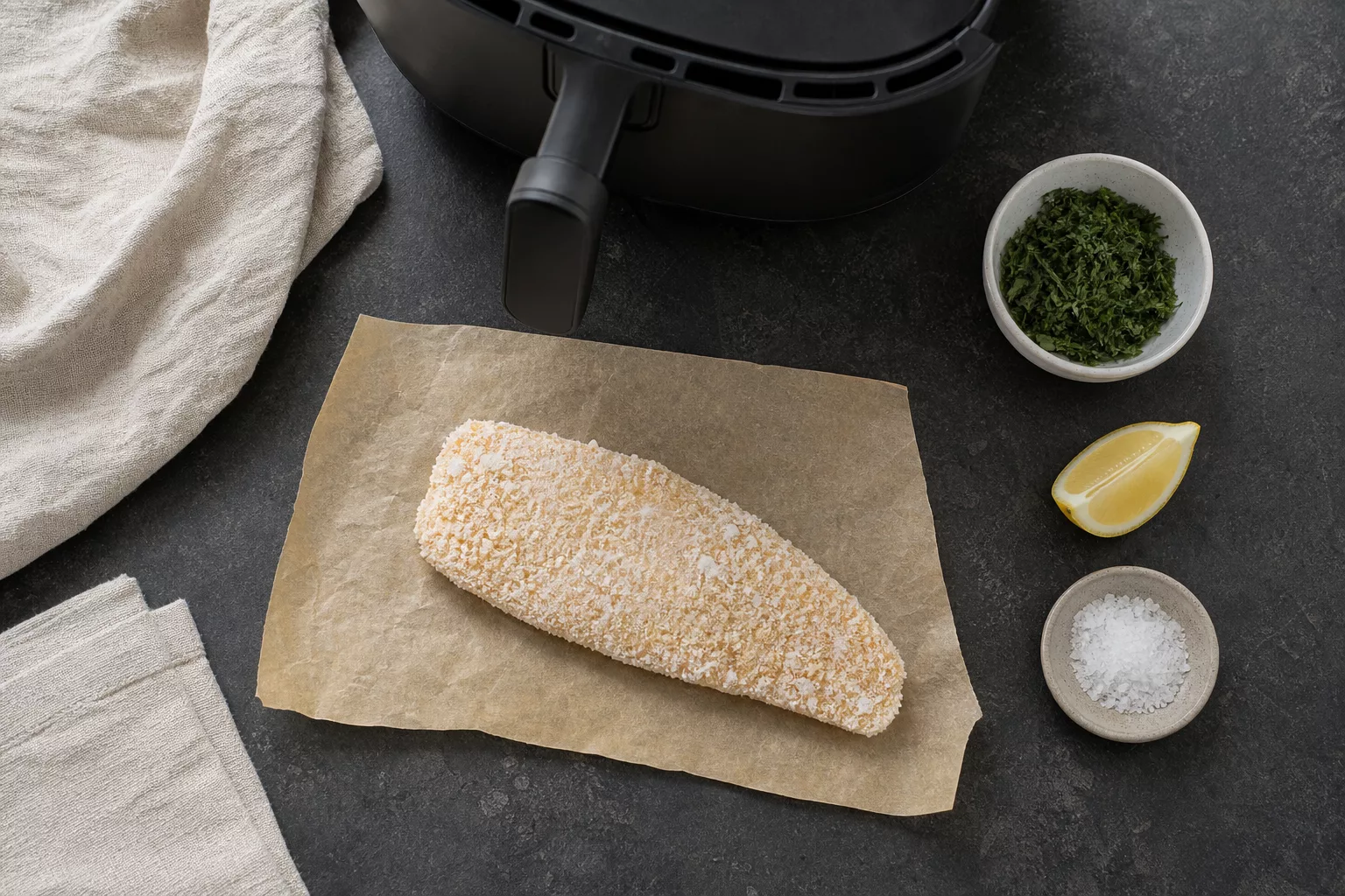 Zutaten und Airfryer für gefrorenes Schlemmerfilet bereitgestellt