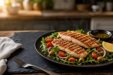 gegrillter Fisch mit mediterranem Salat und Oliven