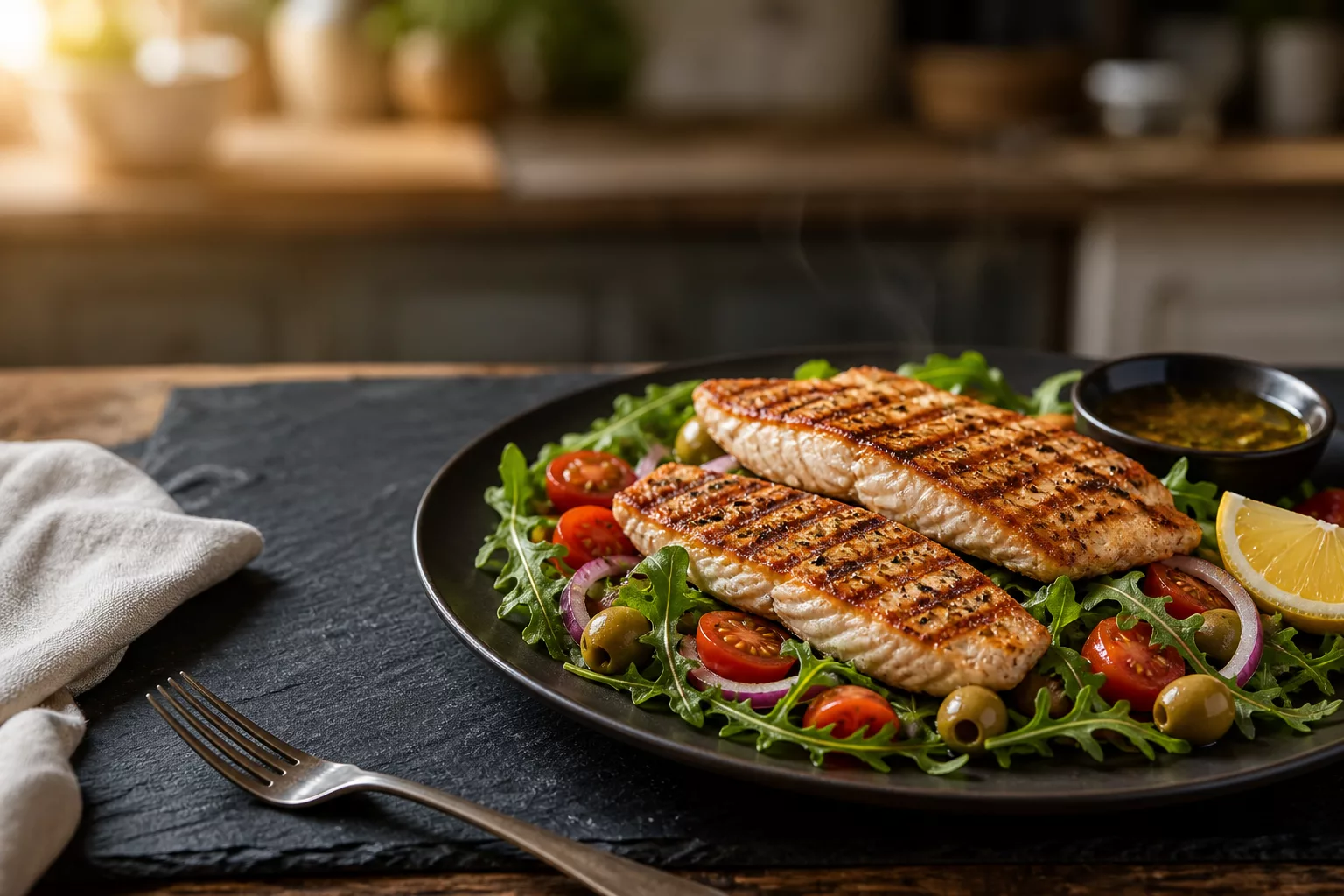 gegrillter Fisch mit mediterranem Salat und Oliven