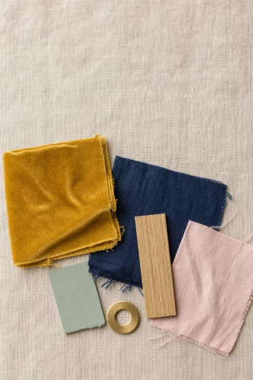 Materialmix zeigt, welche Farbe zu Gelb passt: Marine, Rosa, Holz