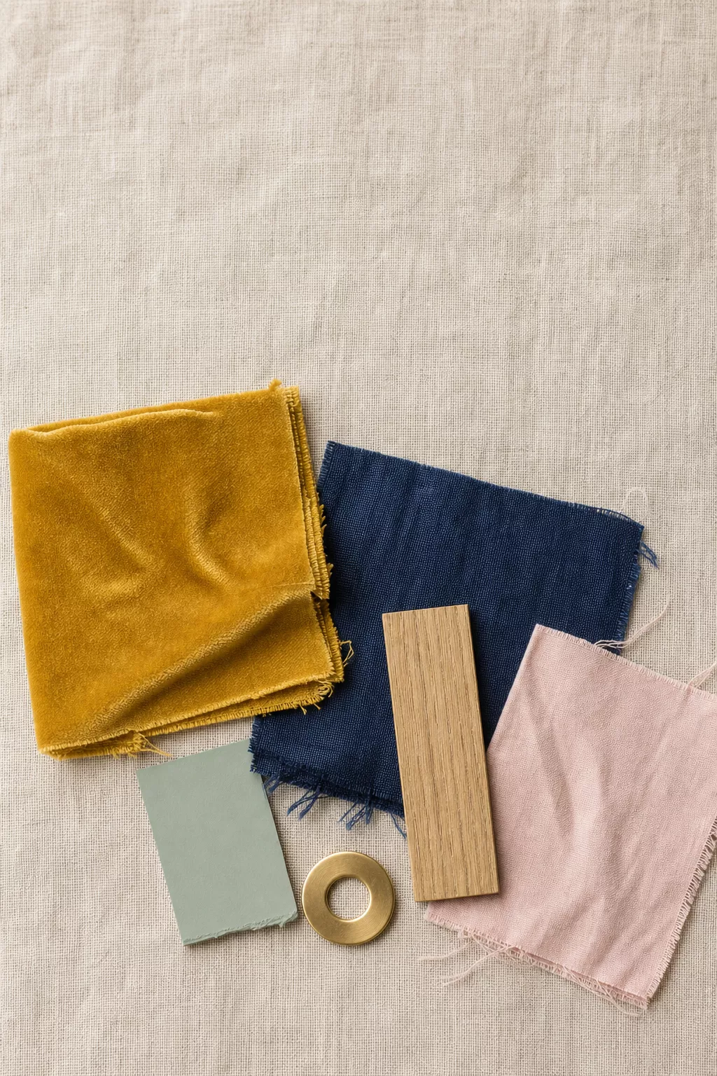 Materialmix zeigt, welche Farbe zu Gelb passt: Marine, Rosa, Holz