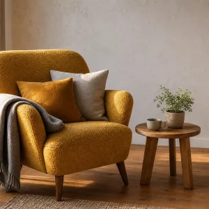 Welche Farbe passt zu Gelb: Wohnzimmer mit gelbem Sessel und Grau