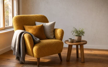 Welche Farbe passt zu Gelb: Wohnzimmer mit gelbem Sessel und Grau