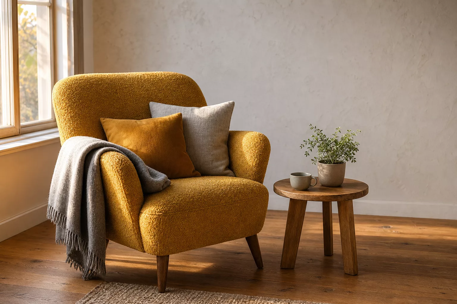 Welche Farbe passt zu Gelb: Wohnzimmer mit gelbem Sessel und Grau
