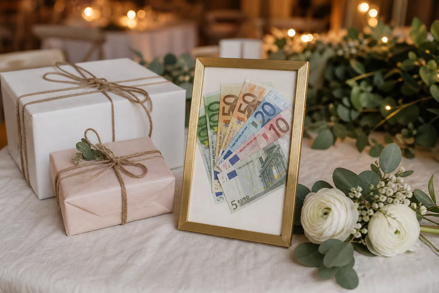 Geldgeschenk zur Hochzeit auf dem Gabentisch