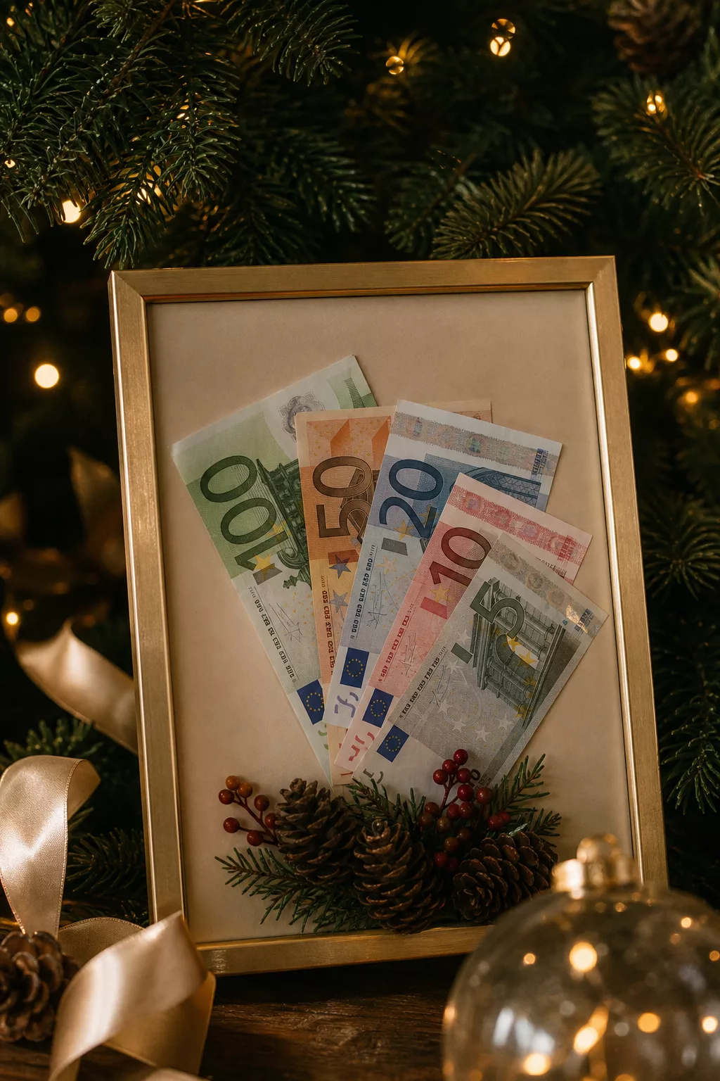Geldgeschenk im Rahmen weihnachtlich dekoriert