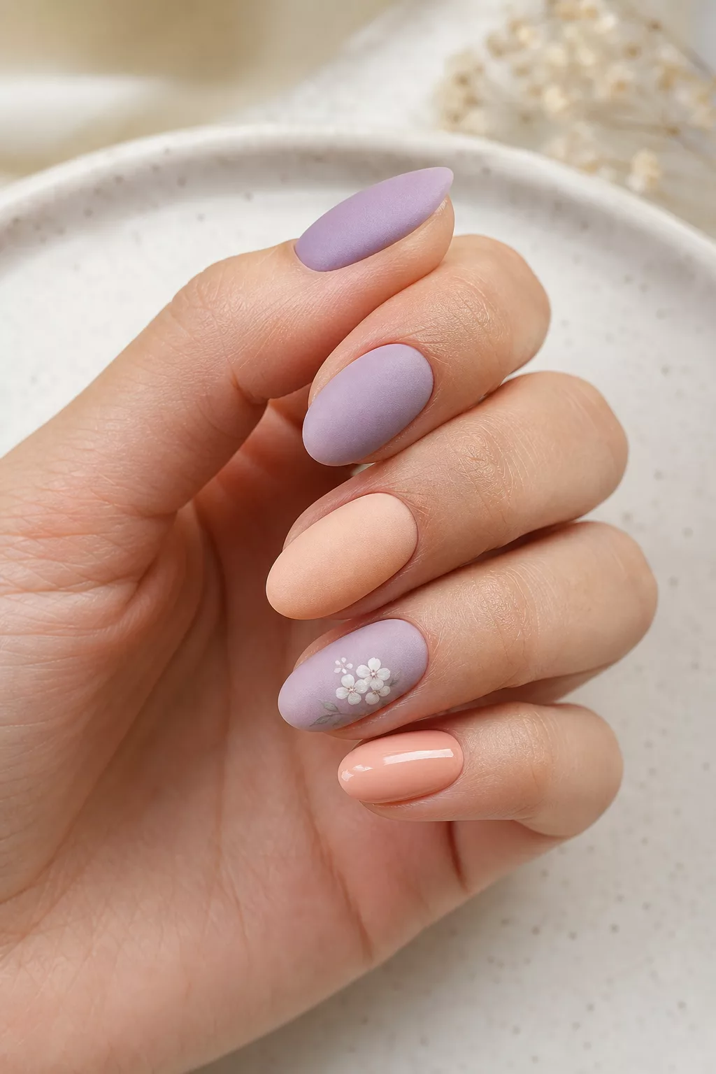 Mattes Pastell-Nageldesign mit kleinem, dezentem Blumenmotiv