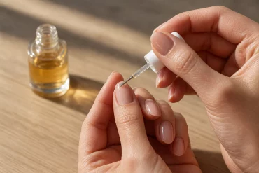Nagelöl wird mit einer kleinen Pipette auf die Nagelhaut aufgetragen