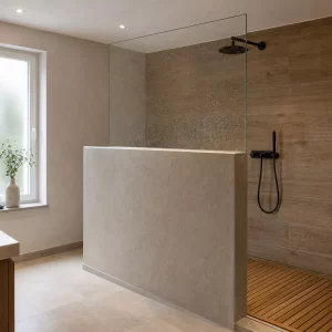 Gemauerte begehbare Dusche mit Glasabtrennung und Holzoptik-Fliesen