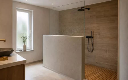Gemauerte begehbare Dusche mit Glasabtrennung und Holzoptik-Fliesen
