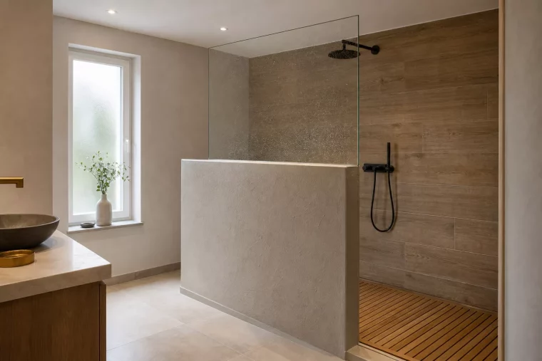Gemauerte begehbare Dusche mit Glasabtrennung und Holzoptik-Fliesen
