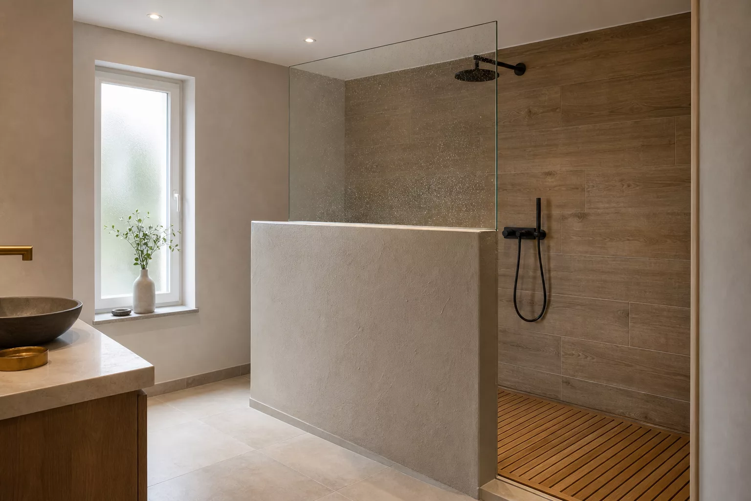 Gemauerte begehbare Dusche mit Glasabtrennung und Holzoptik-Fliesen