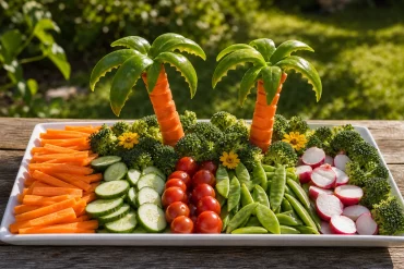 Bunte Gemüseplatte mit essbaren Palmen aus Paprika und Karotten