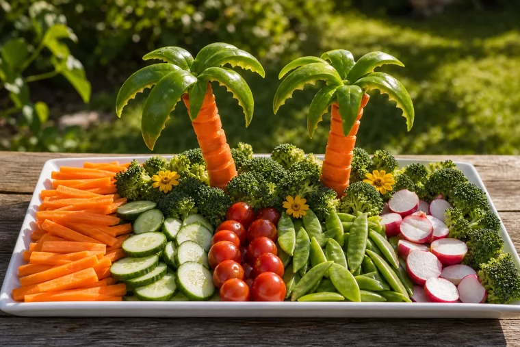 Bunte Gemüseplatte mit essbaren Palmen aus Paprika und Karotten