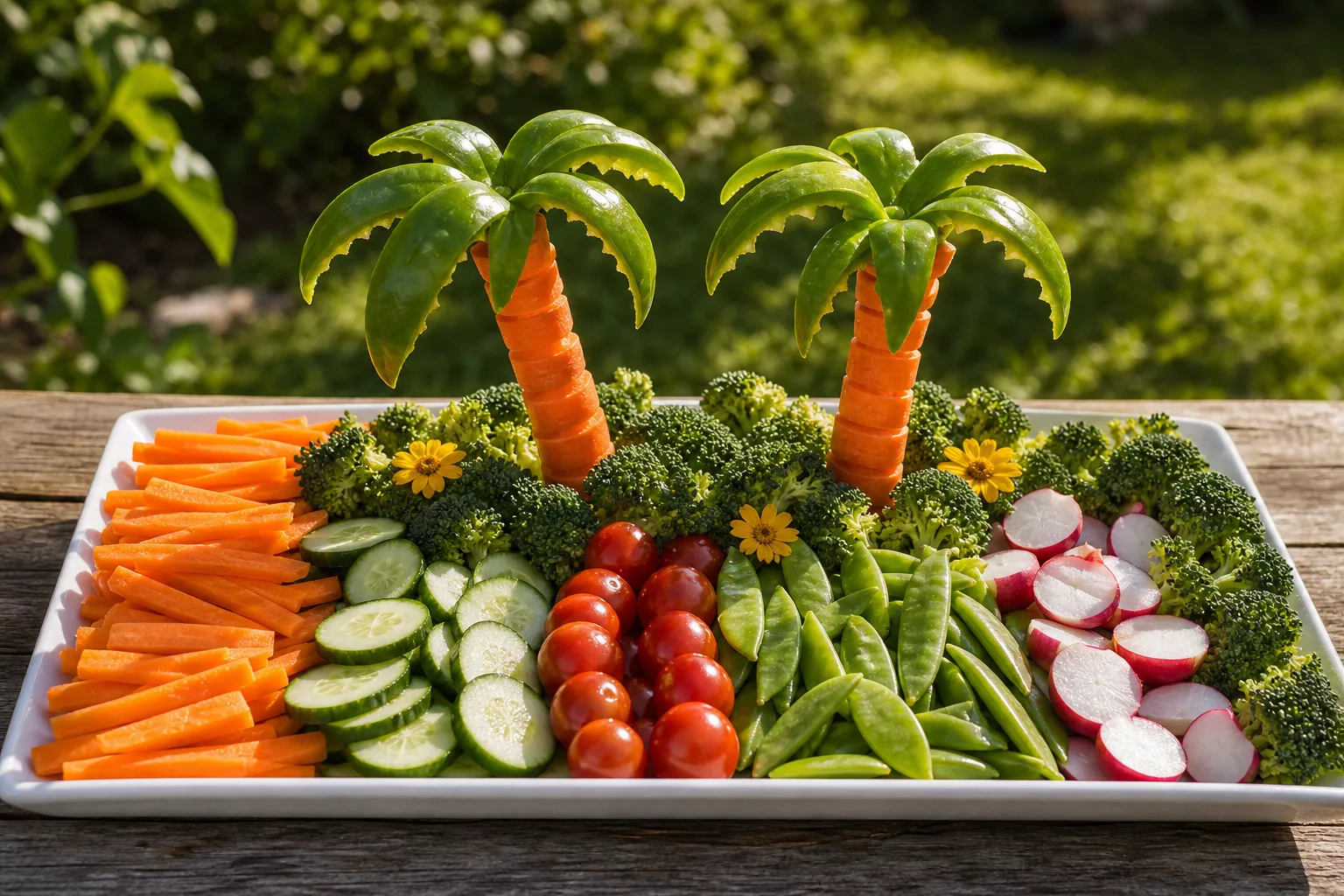 Bunte Gemüseplatte mit essbaren Palmen aus Paprika und Karotten