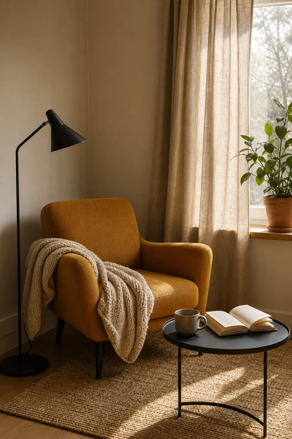 Gemütliche Leseecke mit Sessel im kleinen Wohnzimmer