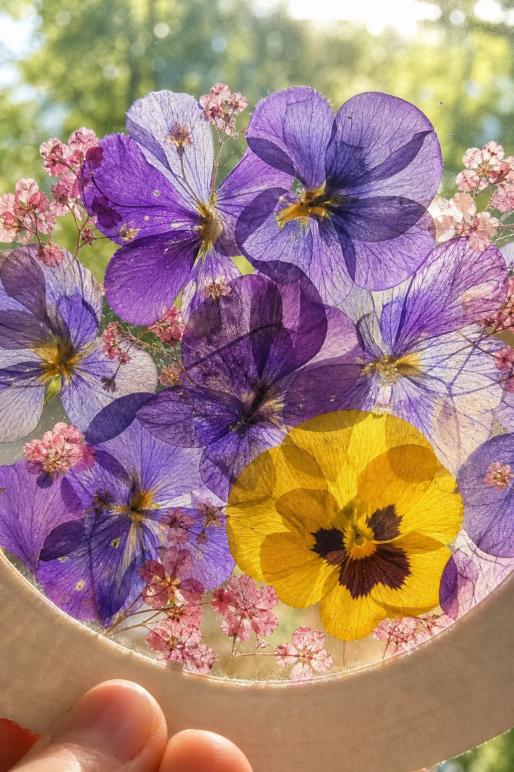 Nahaufnahme von gepressten Blüten im Fensterbild